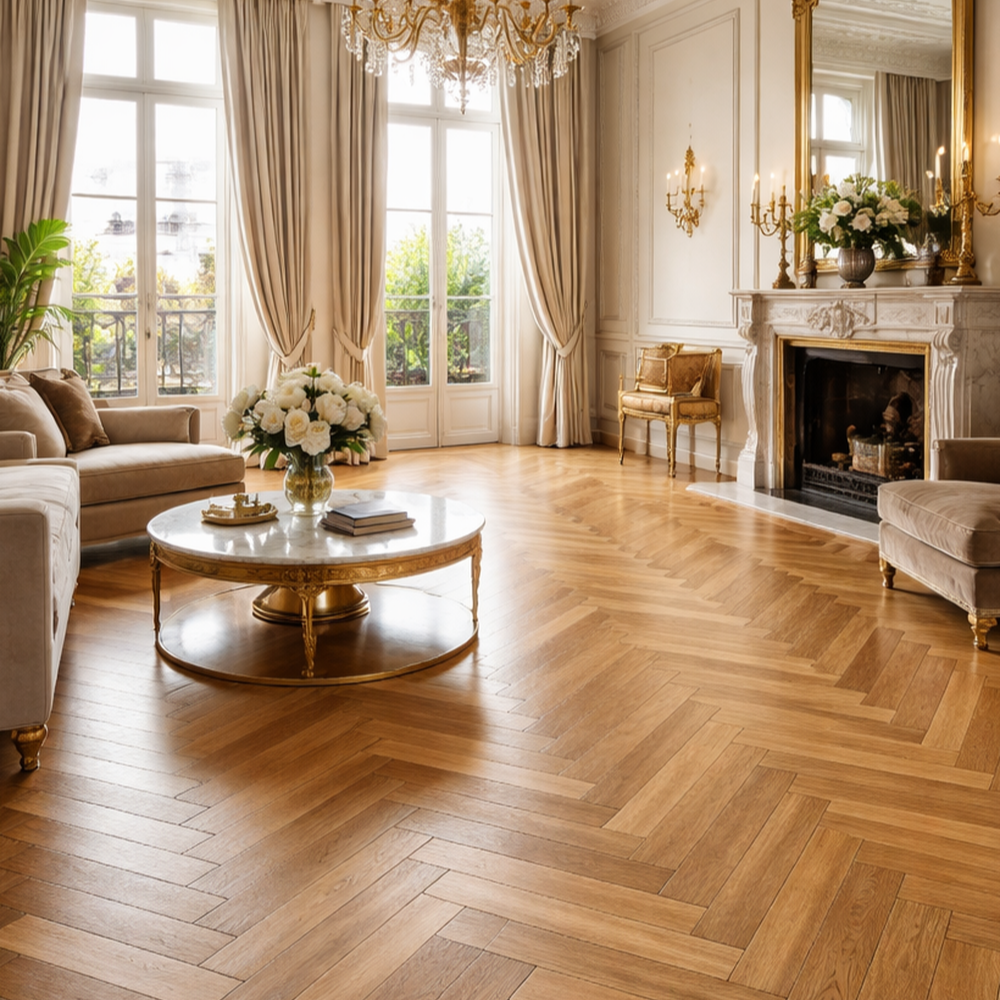 jodełka na podłodze w salonie